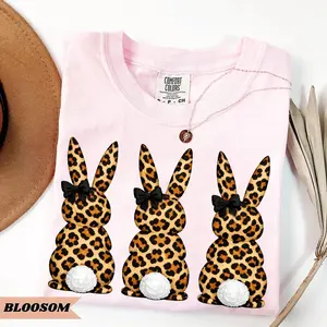 Comfort Colors Coquette Bow Leopard Easter Bunny T-Shirt, Cute Pastel Rabbit Graphic Tee, Style Vintage Shirt, Girly Spring Aesthetic Top, Easter Outfit for Women, Easter Gift for Her - HARSIN