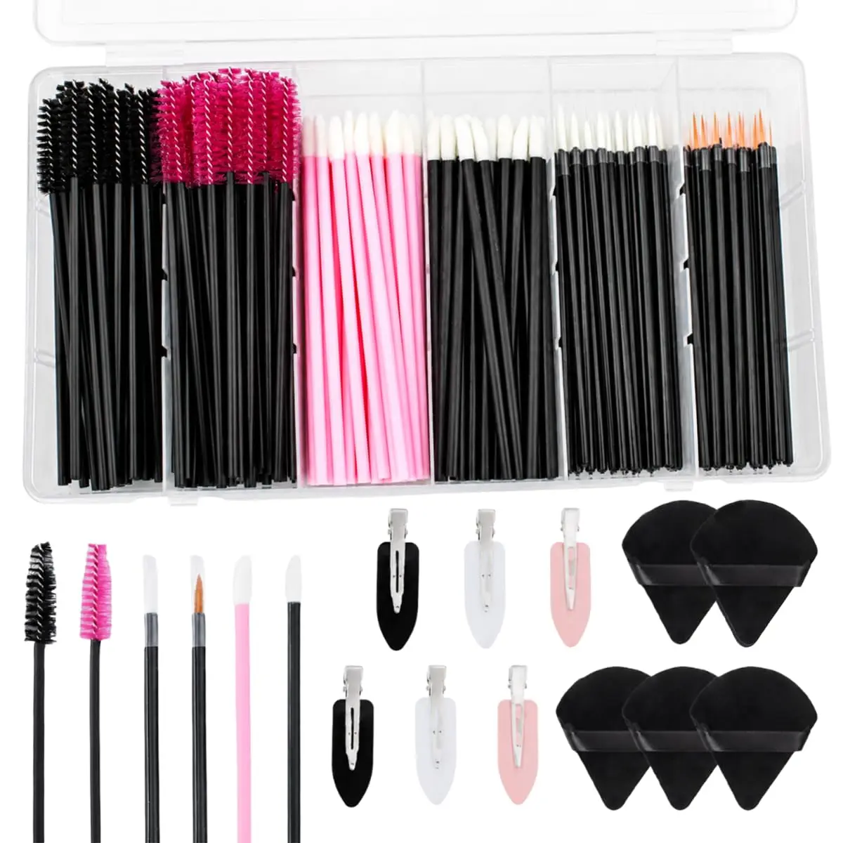 201pcs Disposable Makeup Applicators Kit with 80Mascara wands 80Disposable Lip Applicators 30Eyelash liner Brushes 5Triangle Makeup Puffs 6Bobby Pins for Make-up Artist Supply