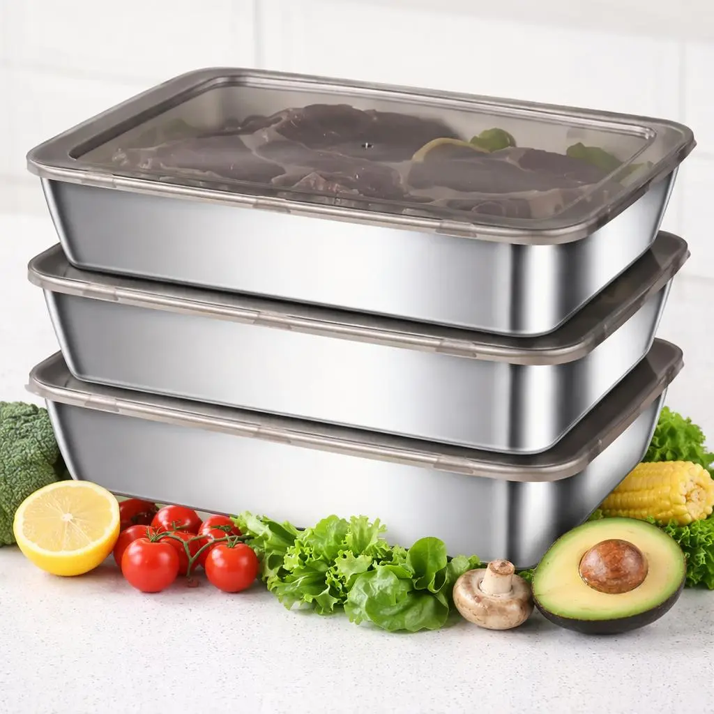 Stainless Steel Food Storage Containers with Clear Lids, Stackable Reusable Meal Prep Trays for Refrigerator & Freezer, Kitchen Storage Boxes for Meat, Vegetables, Leftovers, Lunch Prep & Fridge Organization