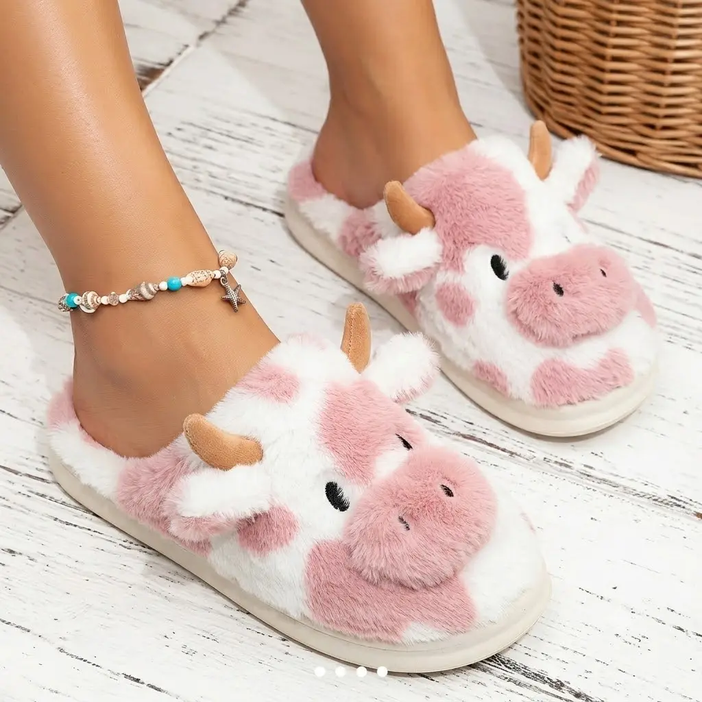 Women's Cute Cartoon Cow Memory Foam Sports Slides - Plush Slip-On Wear Footwear with Anti-Skid Sole, Fur PVC, Fluffy Warm Cozy Indoor/Outdoor House Shoes