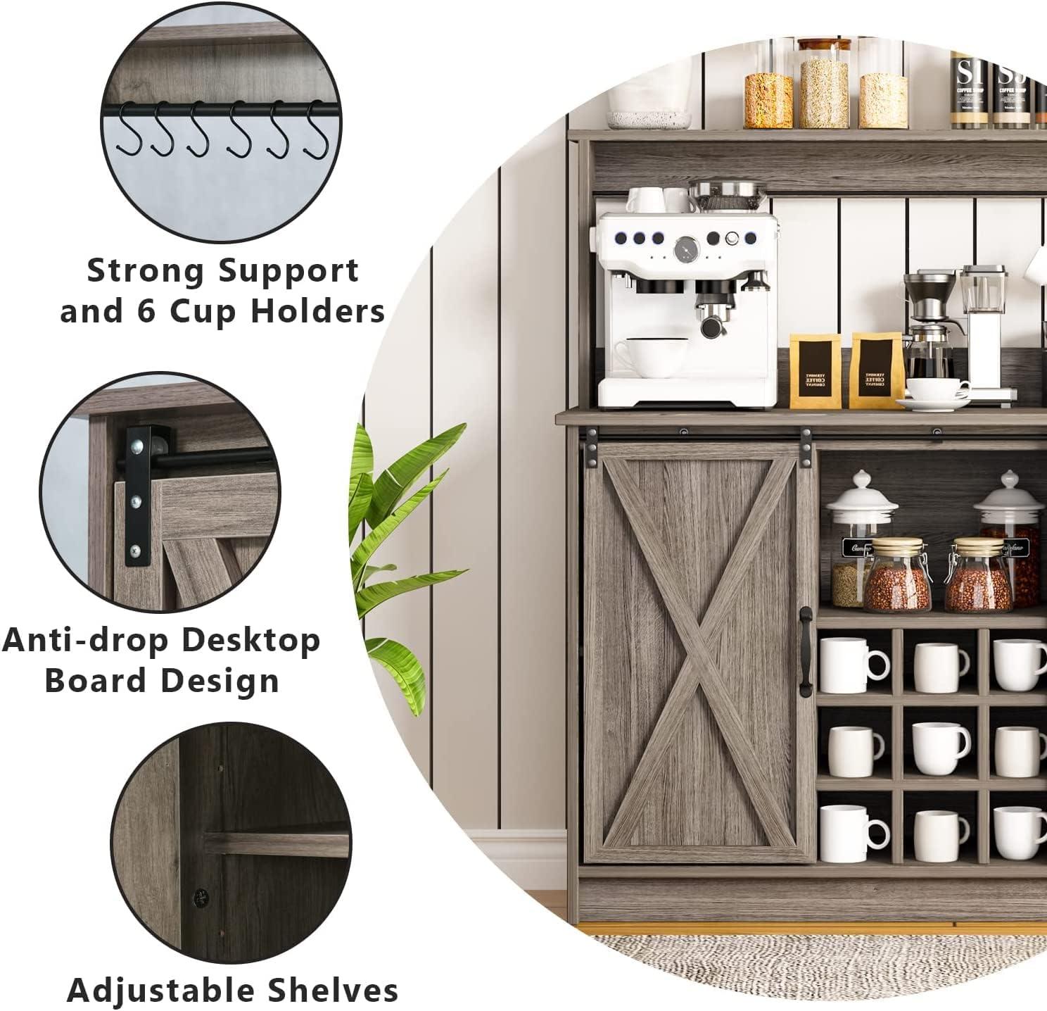 HOMBCK Farmhouse Coffee Bar Cabinet, 47'' Kitchen Bar Cabinet with Sliding Barn Door, Wooden Buffet /Wine Bar Cabinet Organizerwith Open Storage Shelf