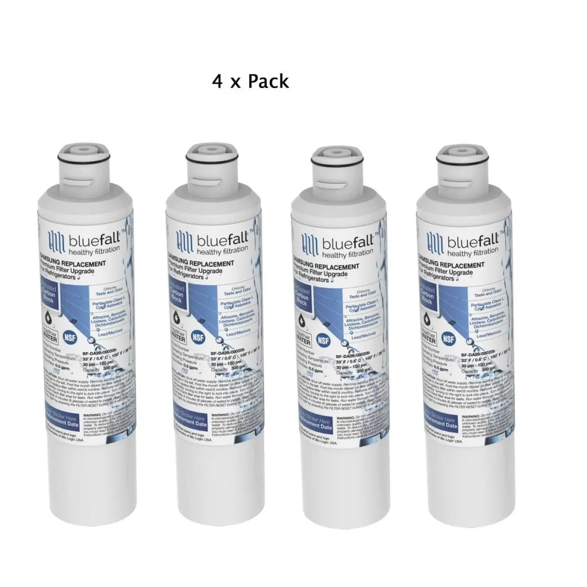Samsung DA29-00020B Refrigerator Water Filter, 4-Pack by Bluefall, Broad Spectrum, NSF Certified, Healthy Filtration, Easy Twist Design, Drinkpod USA Compatible, Filter Water Filters