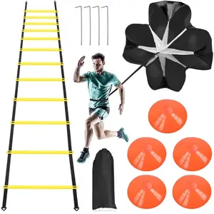 EOTVIA Agility Ladder, 20 Ft Speed Training Equipment Includes 12 Rungs, 1 Running Parachute, 5 Disc Cones, 4 Steel Stakes, 1 Carry Bag, Speed Agility Training Set for Football Basketball Hockey Eotvia