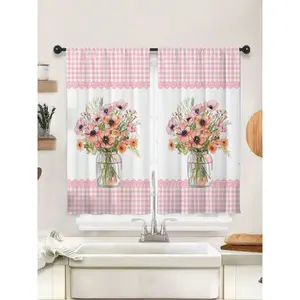 2pcs pink floral printed kitchen curtain - farmhouse watercolor vase lattice design, grommetless curtain, suitable for home decoration in bedrooms, offices, kitchens, living rooms, studies