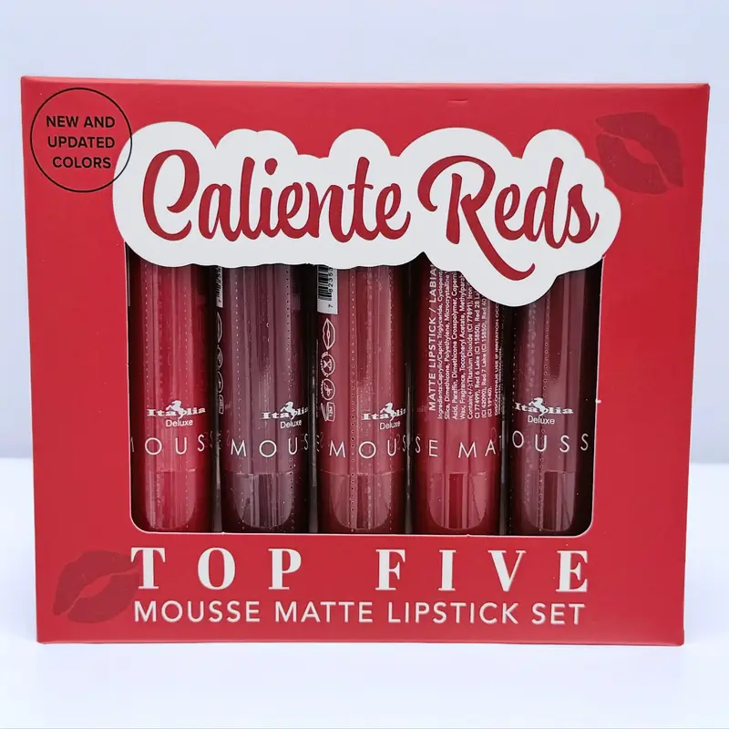 Italia Deluxe Caliente Reds Matte Mousse Lipstick 5-Piece Set - Cosmetic Makeup Products with Matte Finish, Smooth Lightweight Formula, Assorted Shades, Chic Glam, Long-Lasting Long Wear, Less Touchups