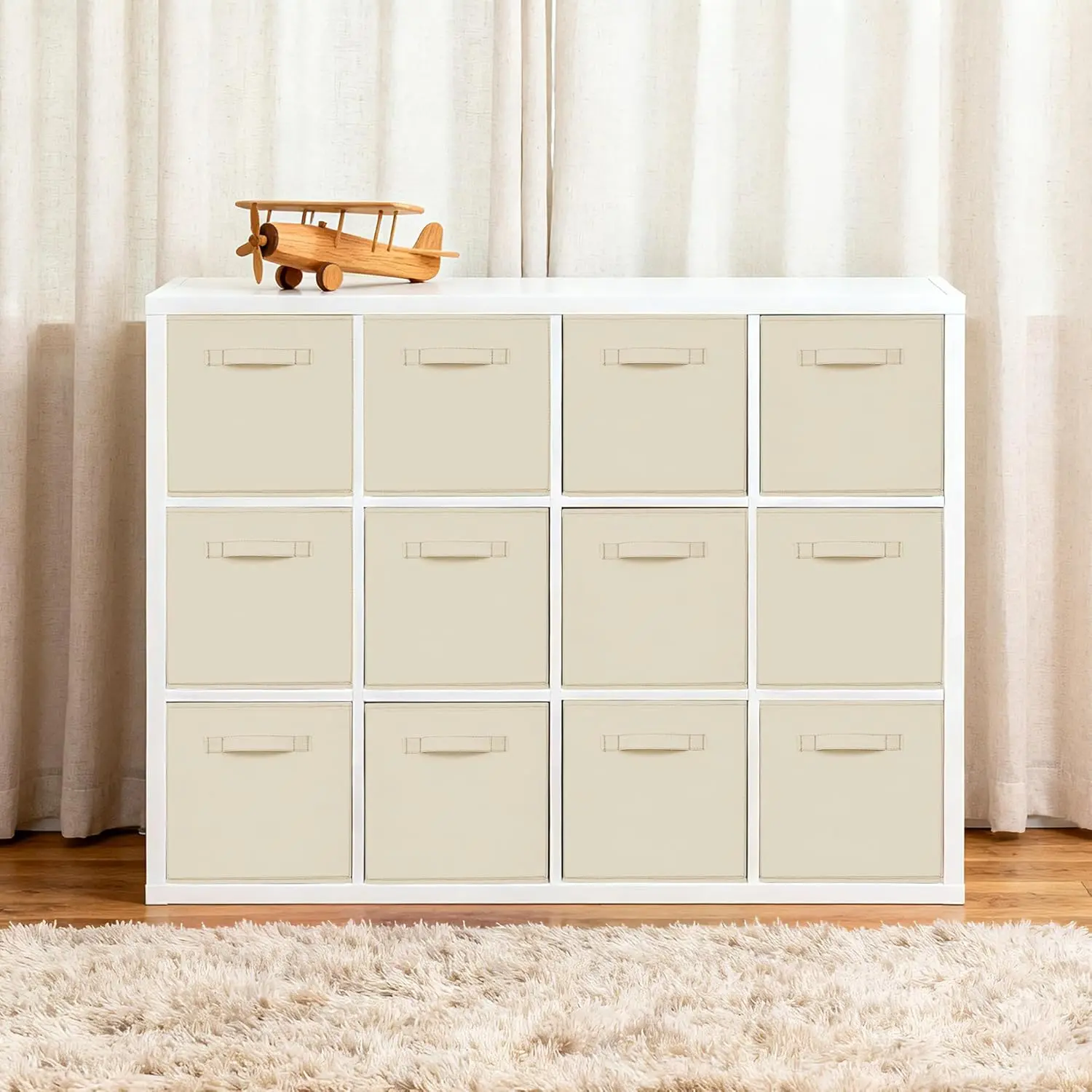 12-Pack Square Beige Collapsible Fabric Storage Cubes with Handles, 11in Foldable Organizer Boxes for Shelf, Closet Storage, Nursery Organization - Office Inspo Home Organizer Bins