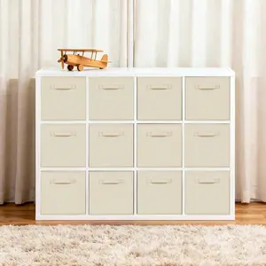 12-Pack Beige Collapsible Fabric Storage Cubes with Handles, 11in Foldable Organizer Boxes for Shelf, Drawer, Room - Decorative Home Organizer Bins