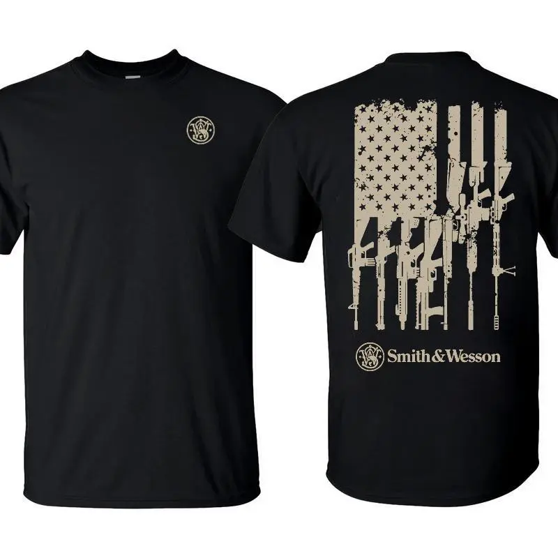 Smith & Wesson American Flag Graphic Tee - Classic Breathable Short-Sleeve Crew Neck Tops, Stylish Casual Outdoor Tactical Unisex Menswear, Gun Enthusiasts Shooting Gear Gift, Digital Print, High Def Print, Soft Fabric, Relaxed Crew Neck, Vivid Hd Print