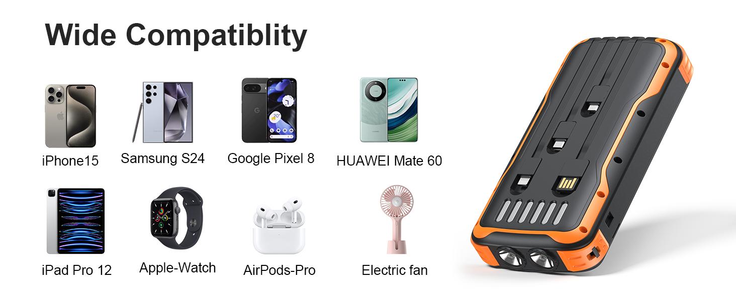 40000mAh Power Bank: Built-in 4-wire high-power flashlight solar power bank, a reliable choice for outdoor travel, compatible with various models of mobile phones and tablets. Smartphone Portable Battery Powered Durable Lithium Battery