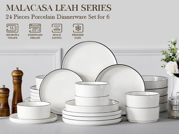 MALACASA Porcelain Dinnerware Set,Modern Dish Set for 4/6, Premium Plates and Bowls Sets, Chip and Scratch Resistant Dishware Sets Microwave Dishwasher Safe Kitchen Dishes Dining Ware Set, Series LEAH
