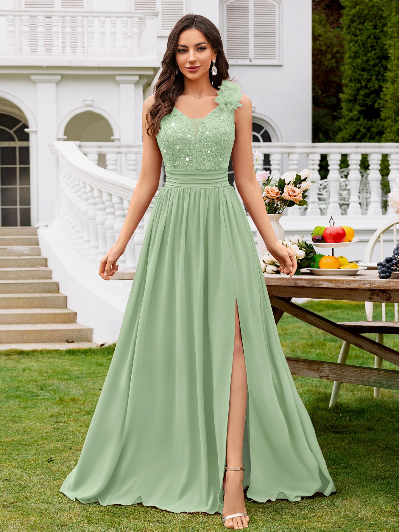 MIUSOL 24451A Women's Elegant Deep V-Neck Sequin Lace Chiffon Maxi Dress Mint Green Sleeveless Ruched Split Thigh Formal Evening Ball Gown for Wedding Guest Prom Graduation Bridesmaid Bridal Cocktail Party Events