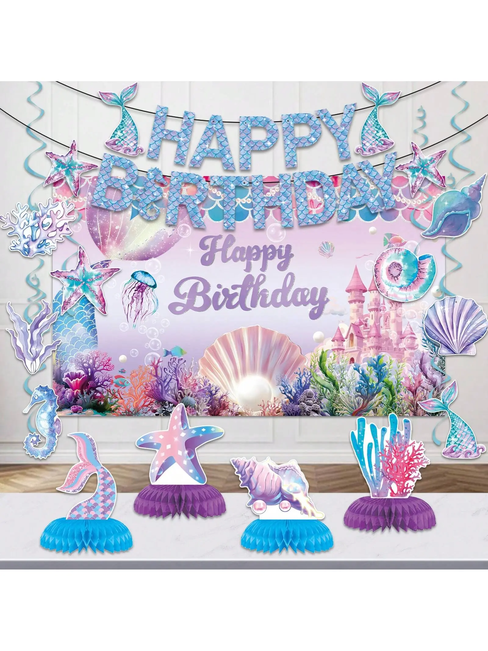 32Pcs Mermaid Birthday Party Supplies - Mermaid Party Decorations Included Backdrop, Banner, Hanging Swirls,Balloon,Mermaid Birthday Party Decorations Mermaid Happy Birthday Banner