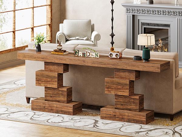 Tribesigns Farmhouse Console Table, 42.5-Inch Narrow Wood Sofa Table Behind Couch with Geometric Base, Industrial Entryway Accent Table for Living Room, Hallway, Entrance, Rustic Brown