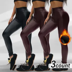 Hijesse Women's Solid Black PU Leather Tummy Control Leggings High Waist Skinny Pants for Yoga Gym Workout Running Casual Sporty Comfy Bottoms for Fall Winter SpringStatements