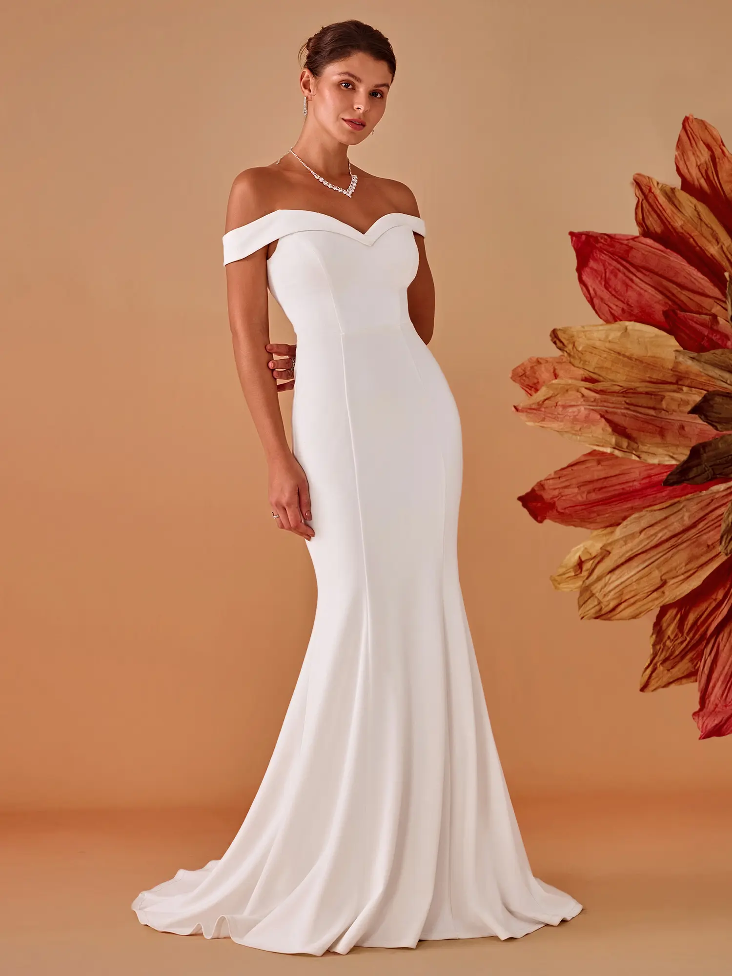 EVER PRETTY Off the Shoulder Mermaid Wedding Dress, Minimalist Corset Gown in Simple Stretch Fabric with Concealed Back Zipper, Fit, Shortsleeve, Polyester