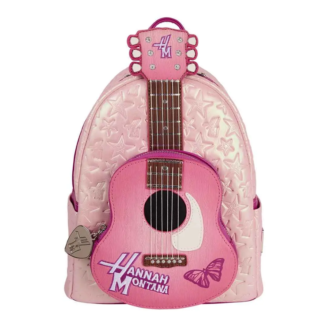 Loungefly Adult Stylish Daypack, Disney Hannah Montana Faux Leather Figural Guitar Backpack with Rhinestones, Star-All-Over Print, Backpacks For Women, Everyday Carry, Adjustable Strap, Female, Casual, Guitar Shape, Adults, Graphic, Lightweight, Casual We