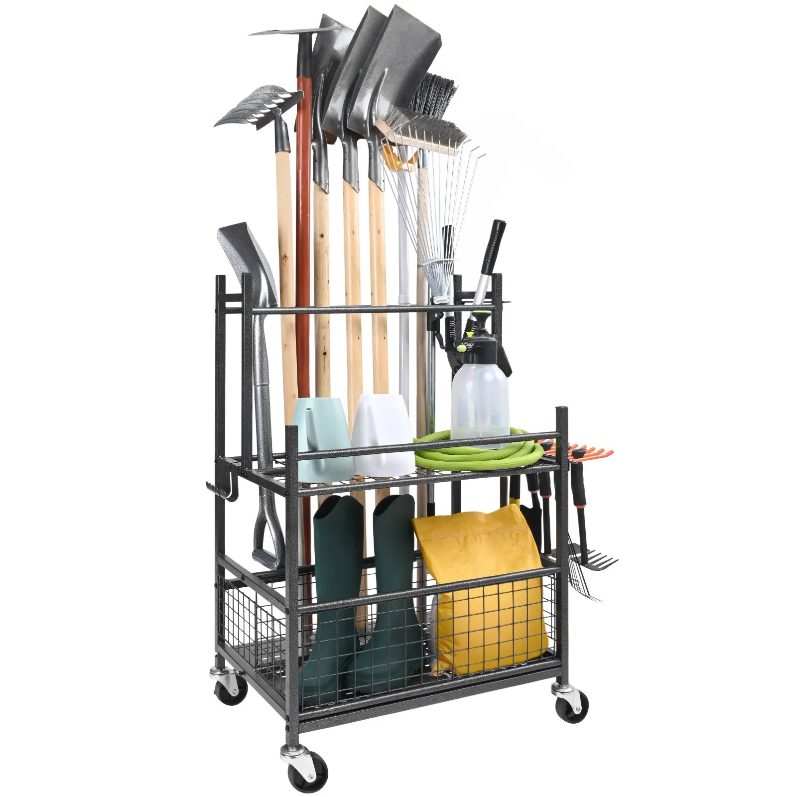 16-Slot Metal Garden Tool Organizer with Wheels | Heavy-Duty Yard Tool Tower Rack | Holds Long-Handled Tools (Rakes/Brooms/Shovels) | Garage & Shed Storage Solution