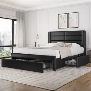 Costoffs Full/Queen/King Size Upholstered Bed Frame with Three Storage Drawers / Two Charging Outlets & Two USB Ports / Leather Upholstered Headboard / Mattress Foundation / Wood Slat Support / No Box Spring Needed Black
