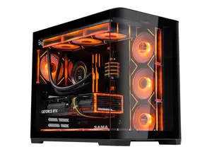 SAMA 2851 ATX Mid-Tower PC Gaming Case, High-Airflow, Sturdy Curved Tempered Glass Front, 4 ARGB PWM Fan Pre-installed with Fan Hub, Black
