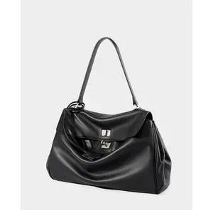 Genuine Black Leather Structured Tote Bag - Luxury Kelly Style Work Bag