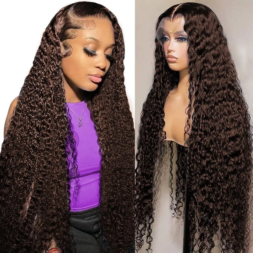 [30inch Only $129]Nervoss Hair 30 Inch Chocolate Brown Lace Front Wigs Human Hair 13x6 Deep Wave Lace Front Wigs Human Hair 180Density HD Colored Deep Curly Lace Frontal Wigs for Women Pre Plucked with Natural Hairline Brown Wig SummerVibes