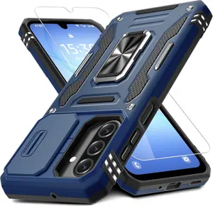 Samsung Galaxy A17 5G Case with Screen Protector, Galaxy A26 Case with Slide Camera Cover Rotated Ring Kickstand Military Grade Shockproof Protective Cover-Navy Blue