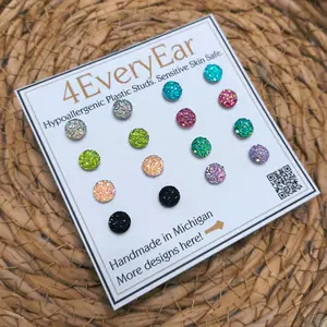 8-Pack Faux Druzy Stud Earrings, 8mm Dainty Plastic Posts, Ultra Lightweight Waterproof, Glue-Free, Flexible Posts, Rubber Backs