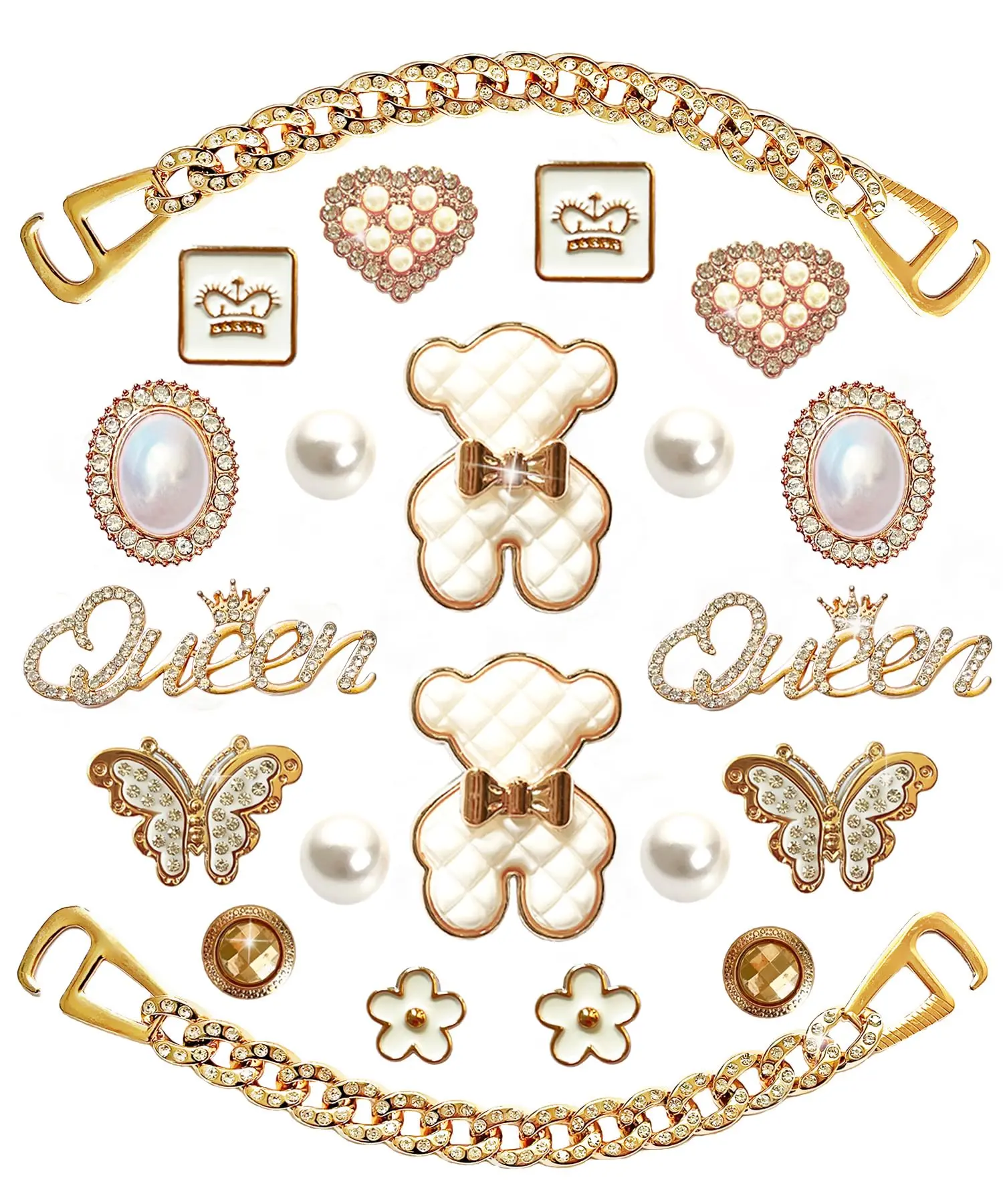 Rhinestone Bling Golden Chain Shoe Charms DIY Clog Sandal Decor Women Girly Party Favor Accessories 20pcs Resin Charms & 2 Chains