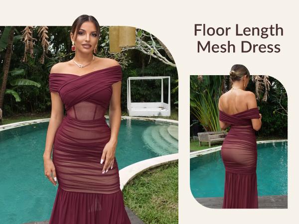 CurvySweet Women’s Convertible Off The Shoulder Maxi Dress Built-in Bra Bodycon Ruched Mesh Formal Evening Dresses for Women SpringStatements