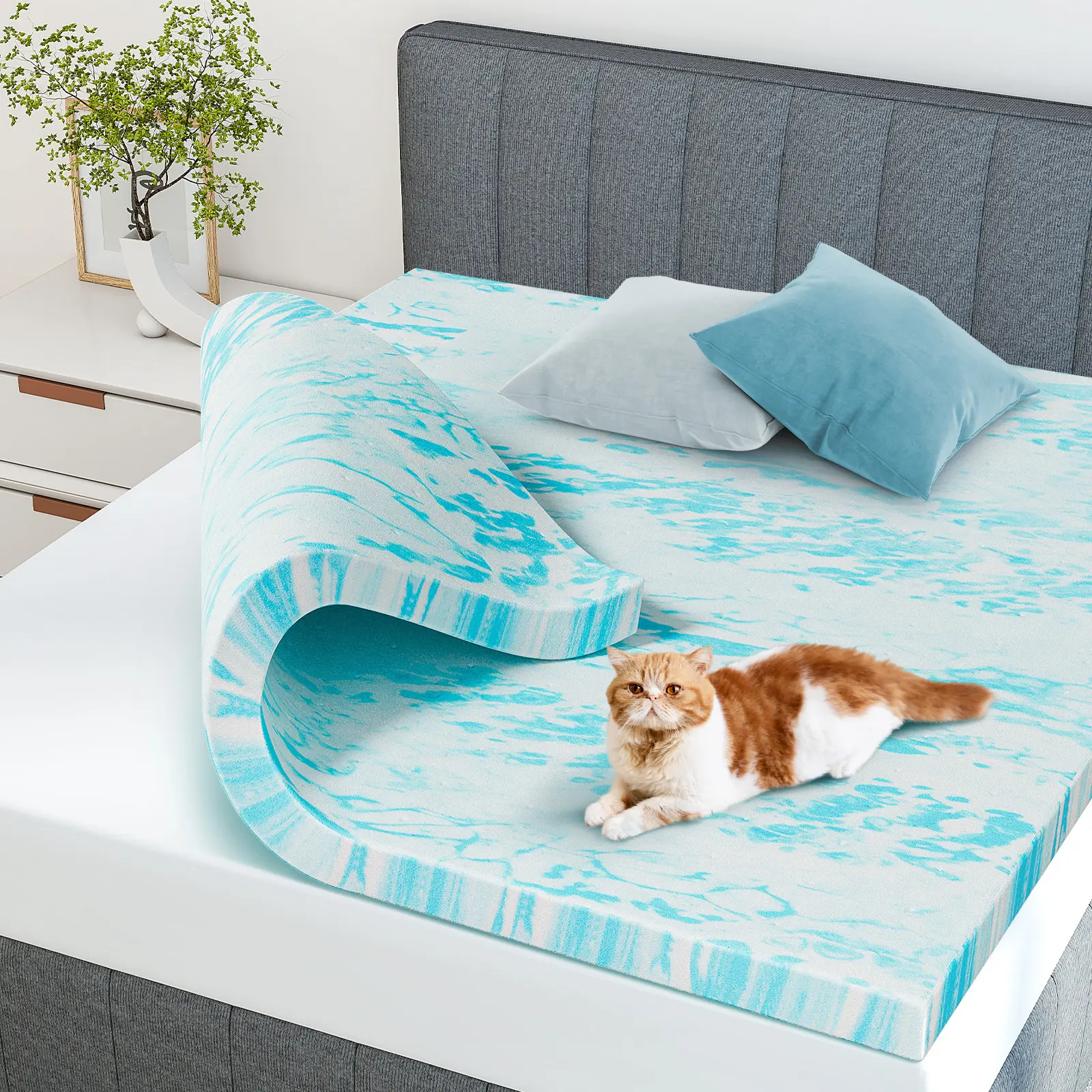 Cooling Gel Memory Foam Mattress Topper with Ventilated Airflow Design, Pressure Relieving Slow Rebound Foam Bed Topper for Back Pain Relief, Medium Soft Body-Conforming Mattress Pad for Side Sleepers