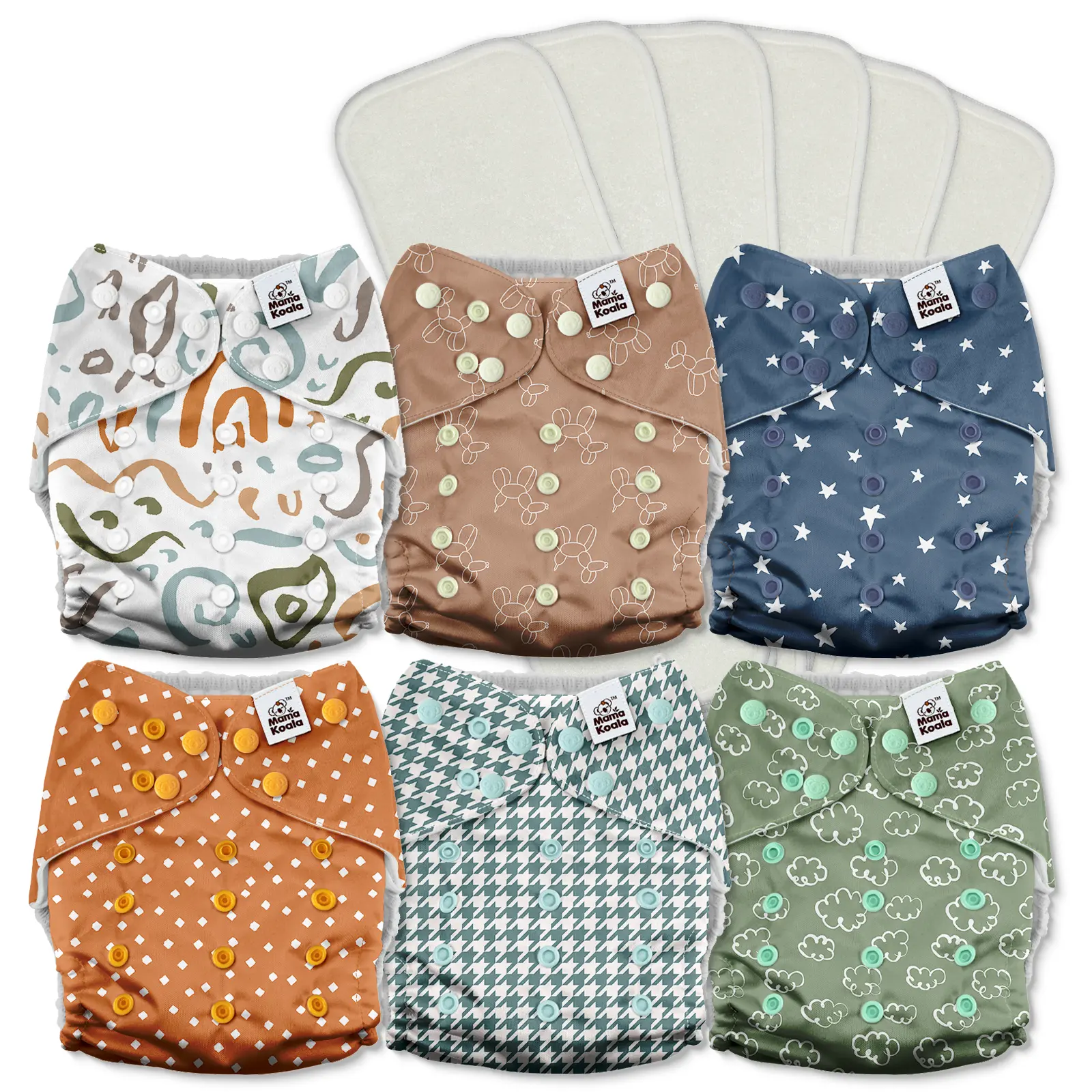 Mama Koala 3.0 Pocket Cloth Diapers for Babies with AWJ Lining, 6 Pack with 6 4-Layer Natural Cloth Diaper Inserts - Reusable and Washable Pocket Diapers(3A0047)