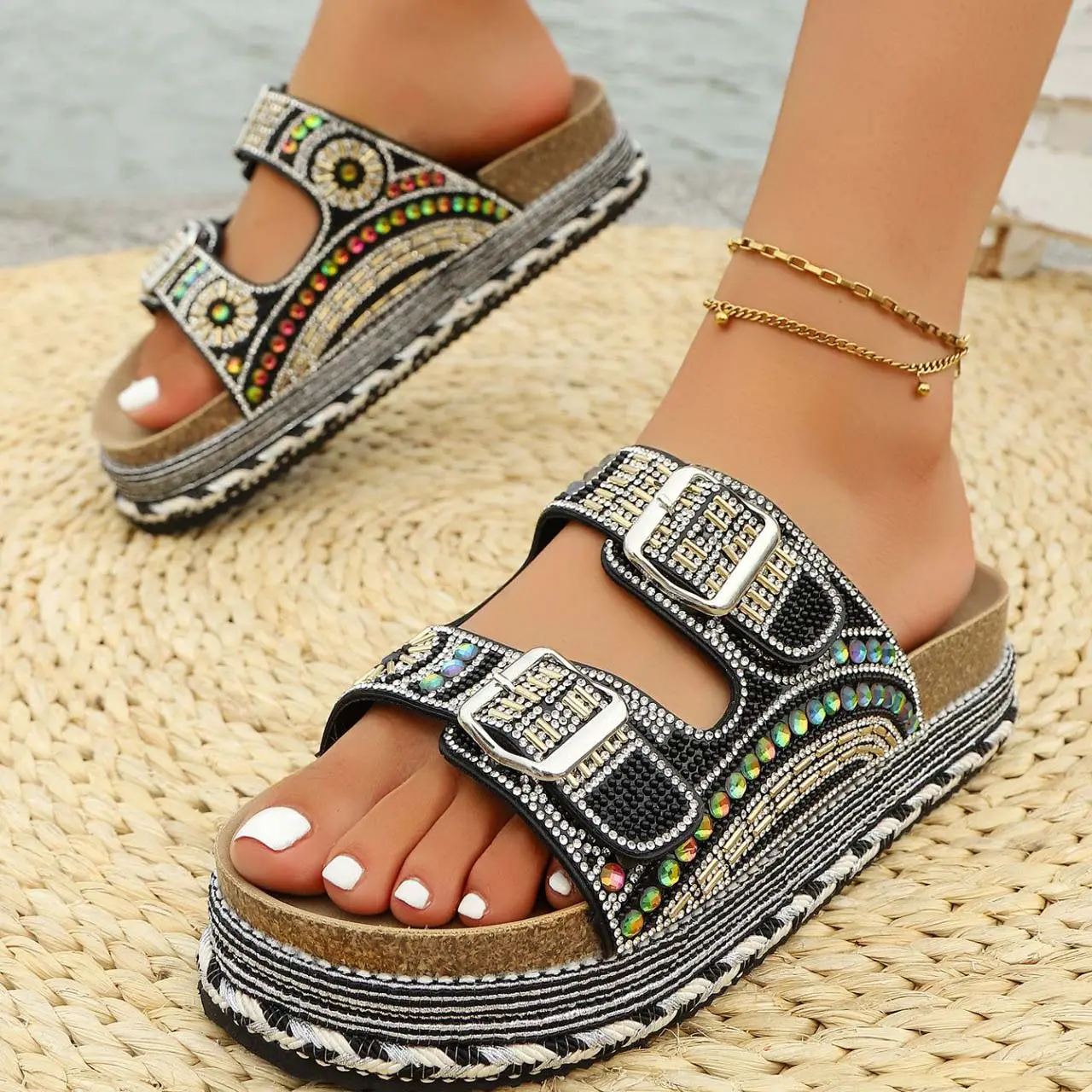 Women's Rhinestone Cork Footbed Sandals | Comfortable Arch Support Slide Sandals, Casual Platform Bling Beach Pool Slides, Summer Outdoor Walking Shoes