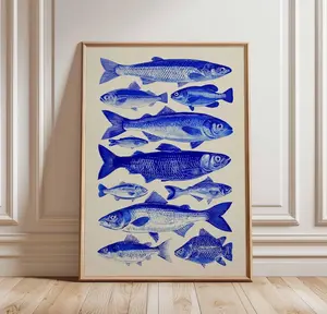 [UNFRAMED POSTER] Blue Fish Poster, Vintage Style Fish Print, Coastal Wall Art, Nautical Illustration, Ocean Fish Decor, Marine Life Print, Fishing Cabin Art