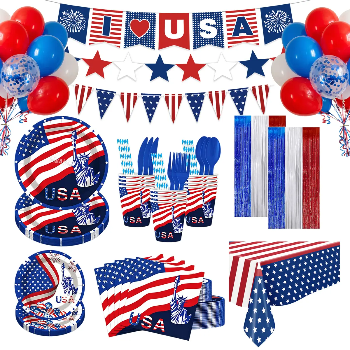 Patriotic USA Flag Comprehensive All-In-1 Disposable Party Kit Full Set - Red White Blue Paper Plates, Cups, Napkins, Cutlery, Tablecloth, Banner, Tinsel Curtain, Balloons for Adult Campfire-BBQ Celebrations Backyard Gifts
