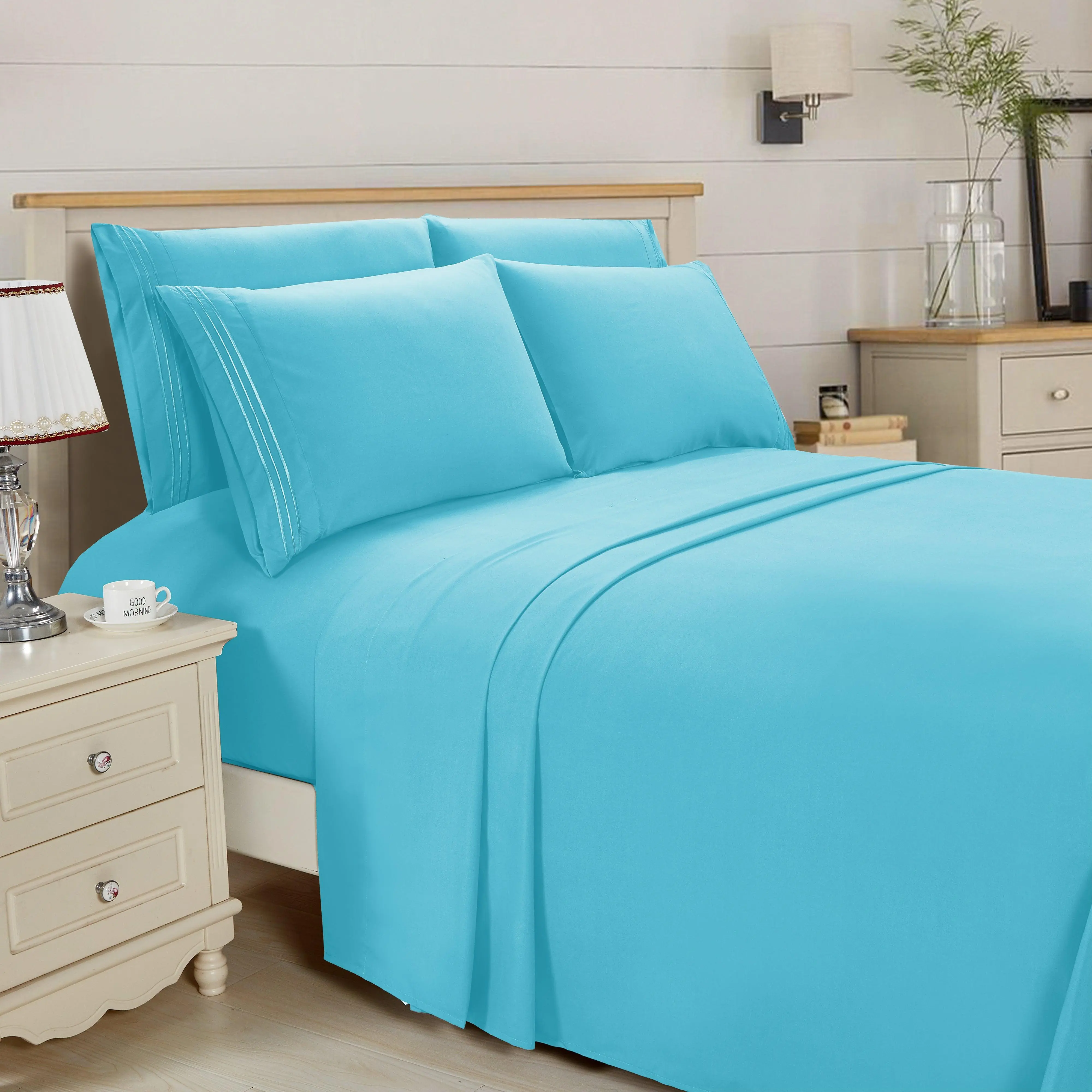 Elegant Comfort 6-Piece 3-Line Embroidery Sheet Set – Premium Hotel-Quality, Microfiber for All-Season Comfort, Bright Shades