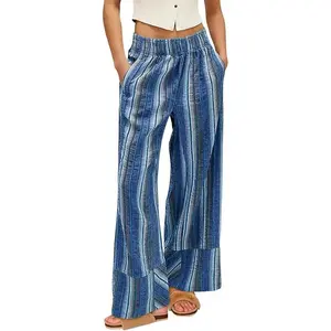 Cicy Bell Women's Wide Leg Lounge Pants Elastic High Waisted Striped Palazzo Pants Flowy Casual Beach Travel Trousers Bottoms Elegance Blue Striped Design
