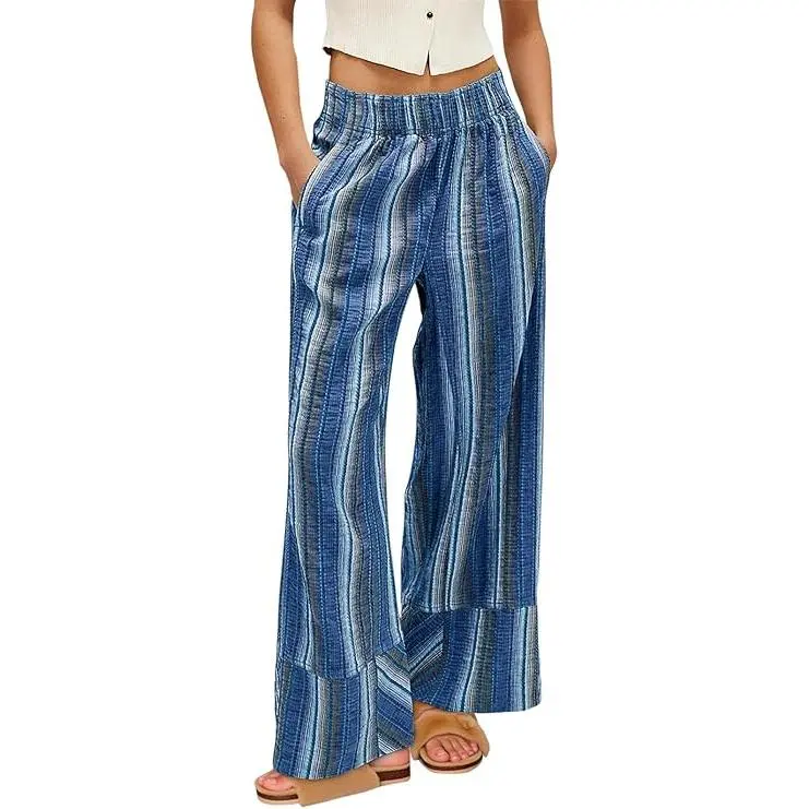 Cicy Bell Women's Wide Leg Lounge Pants Elastic High Waisted Striped Palazzo Pants Flowy Casual Beach Travel Trousers Bottoms Elegance Blue Striped Design
