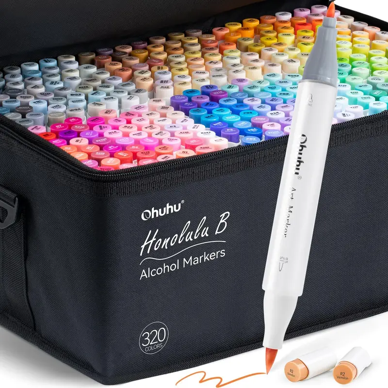 Ohuhu Honolulu B 320-Color Refillable Alcohol Markers – Double Tips, Brush & Fine Tips, Perfect for Artists, Coloring, & Illustration
