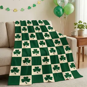 St. Patrick's Day Shamrock Checkerboard Chenille Knit Throw Blanket, Reversible Soft Cozy Blankets for Irish Festival Decor Couch Bed Sofa Gift Couch 50"x60" Green/White
