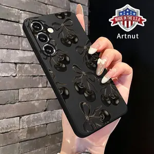 Straight Edge Black Cherry  Pattern Phone Case for Samsung S24 ULTRA PLUS S25 S23 S22 Plus Ultra Shockproof Full Camera Protection Durable Silicone Cover, Accessories, Smartphone