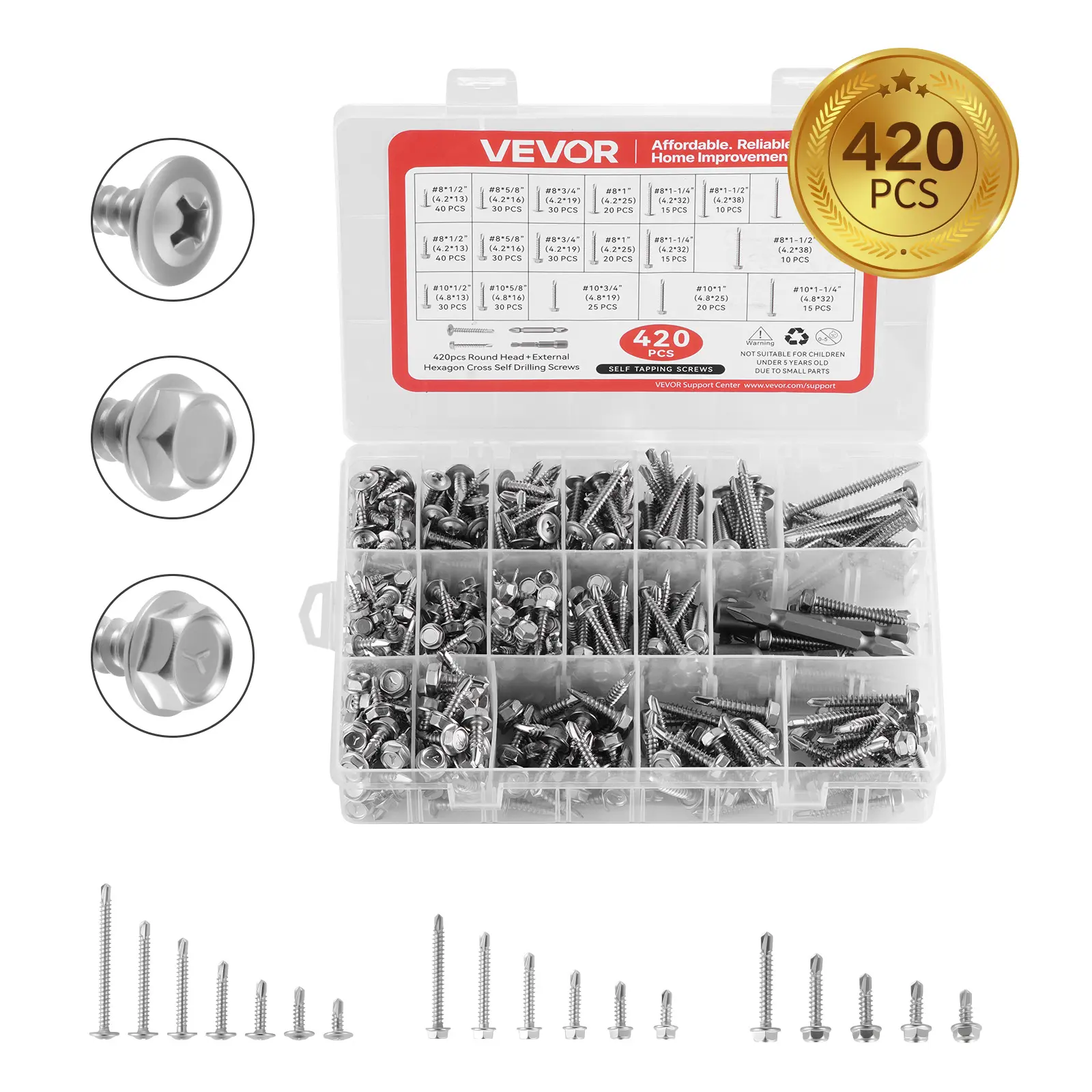 【Summerfinds】VEVOR 420 PCS Self Drilling Screws,Stainless Steel #8 #10 Sheet Metal Screw Assortment Kit for Metal and WoodPhillips Truss Head & Hex Head Self Tapping ScrewsLength 1/2 Inch to 2 InchSilver, Construction Screws