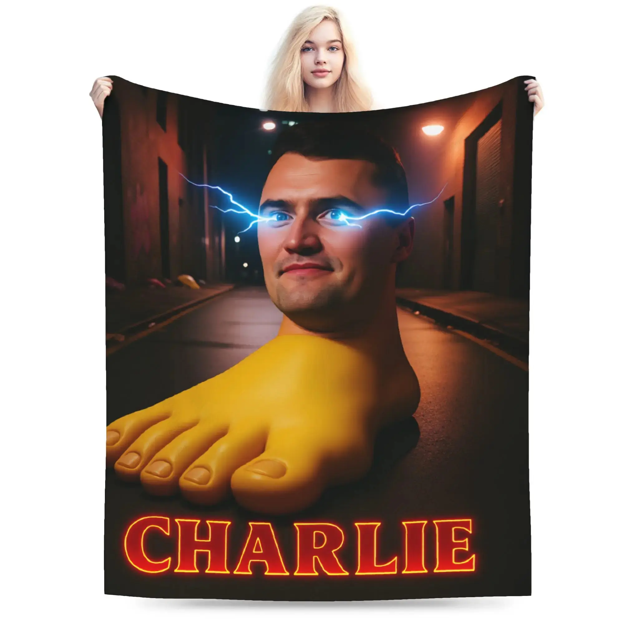 Charlie Kirk Giant Foot Meme Flannel Blanket, Italian Brainrot Funny Throw for Viral Meme Rooms, Soft Couch Bed Cover for Dorm Movie Nights, Political Humor Lounge Accent & Holiday Gift for Teens Adults Meme Fans