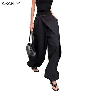 ASANDY Women’s Draped Wrap Wide-Leg Pants – Asymmetrical Button Detail High-Waist Trousers for Night Out, Parties, and Streetwear