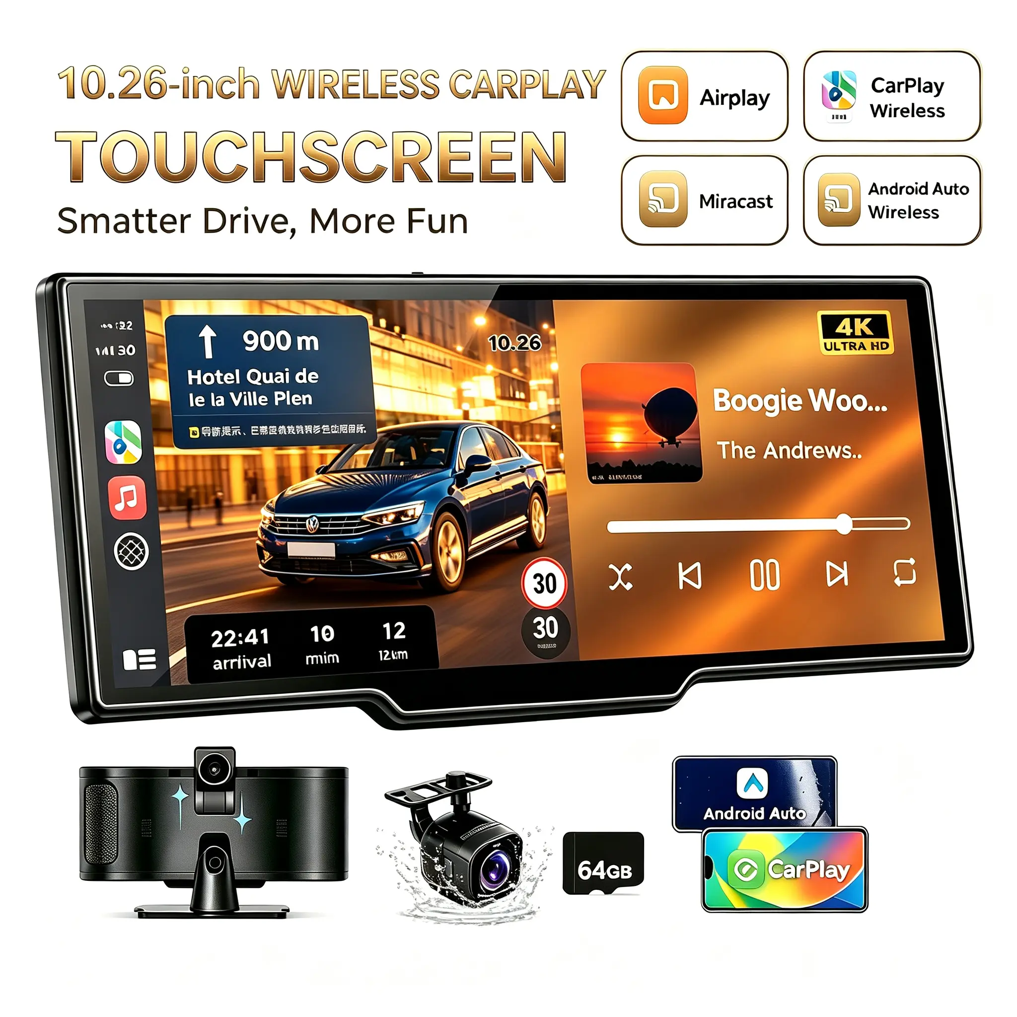2026 Upgraded Wireless CarPlay Screen: 10.26 inch IPS Touchscreen supporting CarPlay, Android Auto, Mirror Link (supports tiktok and youtube), Backup Camera, Navigation, and Voice Assistant Car Video Players Car Tv