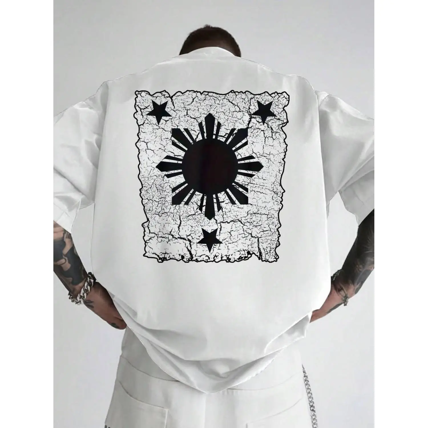Men's Classic Oversized Cotton Short-Sleeve Graphic T-Shirt - White Tee With Black Philippines Map Back Print, Breathable Summer Apparel, Machine Washable Relaxed Fit Top For Everyday Wear, Shortsleeve