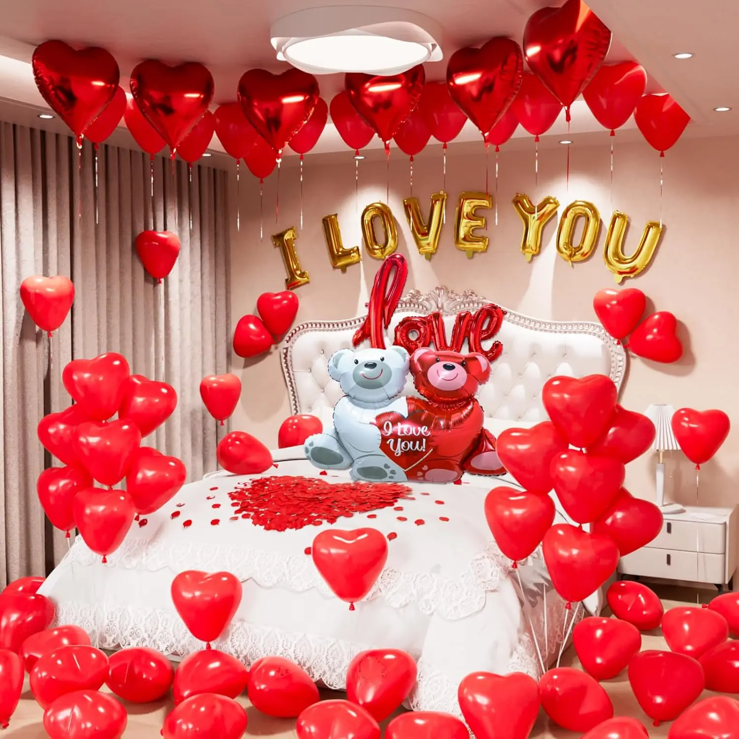 Valentine Day Balloons Decorations, I Love You Balloon and Love-Bear Red Heart Balloons with 1000 Pcs Red Silk Rose Petals, for Valentines Day,Anniversary, Proposal Wedding,Special Night Supplies, Kit, Rubber