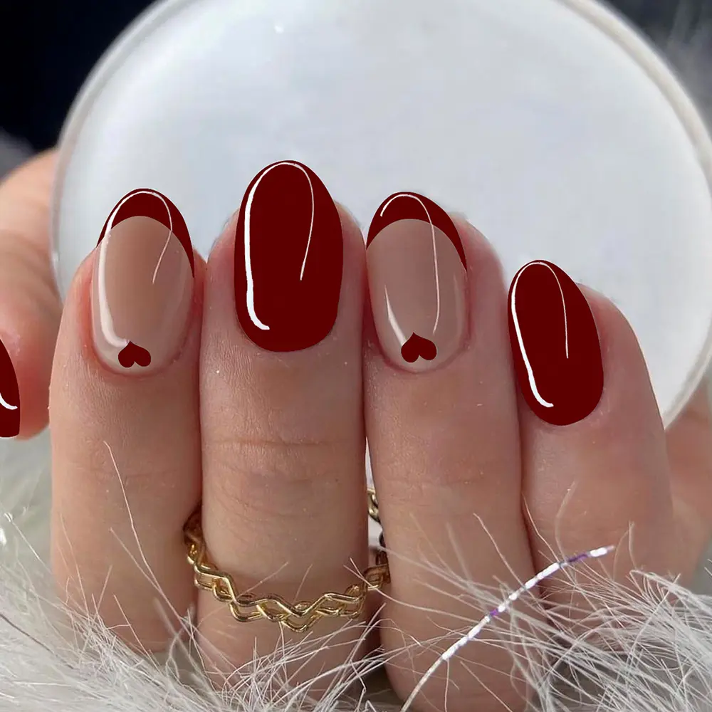 24pcs Short Oval French Acrylic Press-On Nails Set, Heart Design, Includes Jelly Glue and Nail File, Perfect for Parties and Daily Wear