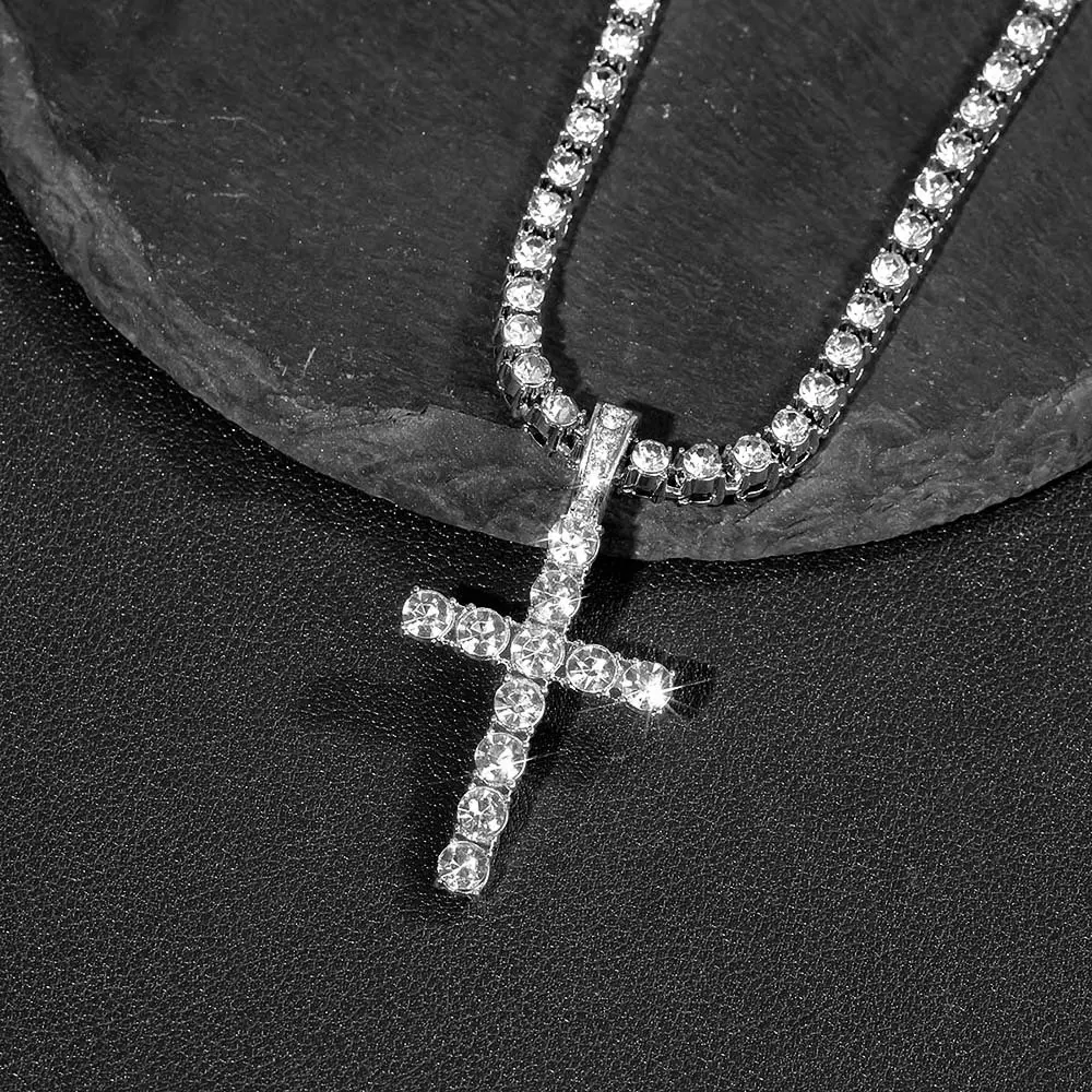 24inch Iced Out Cross Tennis Chain Necklace, Silver-Tone Stainless Steel Jewelry with Cubic Zirconia, Religious Streetwear Accessories for Women, Guys Gifts, Sparkle, Cross Necklace, Party, Iced Out Cross Design