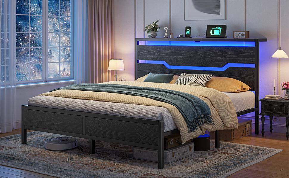 Wood Bed Frame for Queen King Full with Headboard & Storage Shelf, Queen Size Bed Frame with LED Lights & Charging Station,  No Mattress, Holds up to 900LBS with Metal Slats & Frame, No Noise