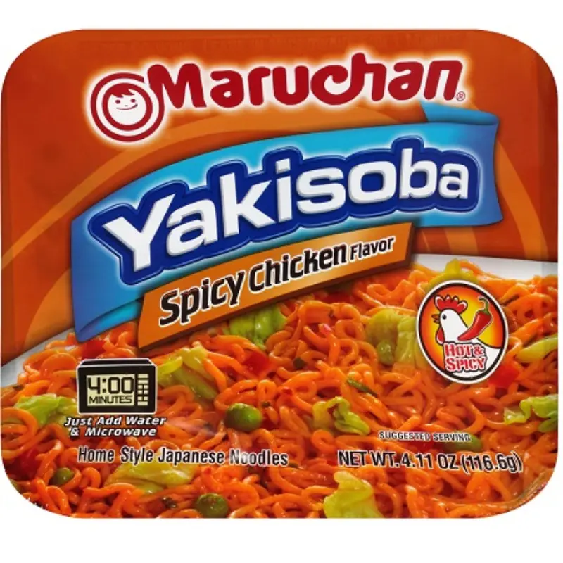Maruchan Spicy Chicken Flavor Instant Yakisoba Noodles, 8-Pack Bulk Low Sodium Pantry Food, 4.11oz Each for Party Favors & Treats